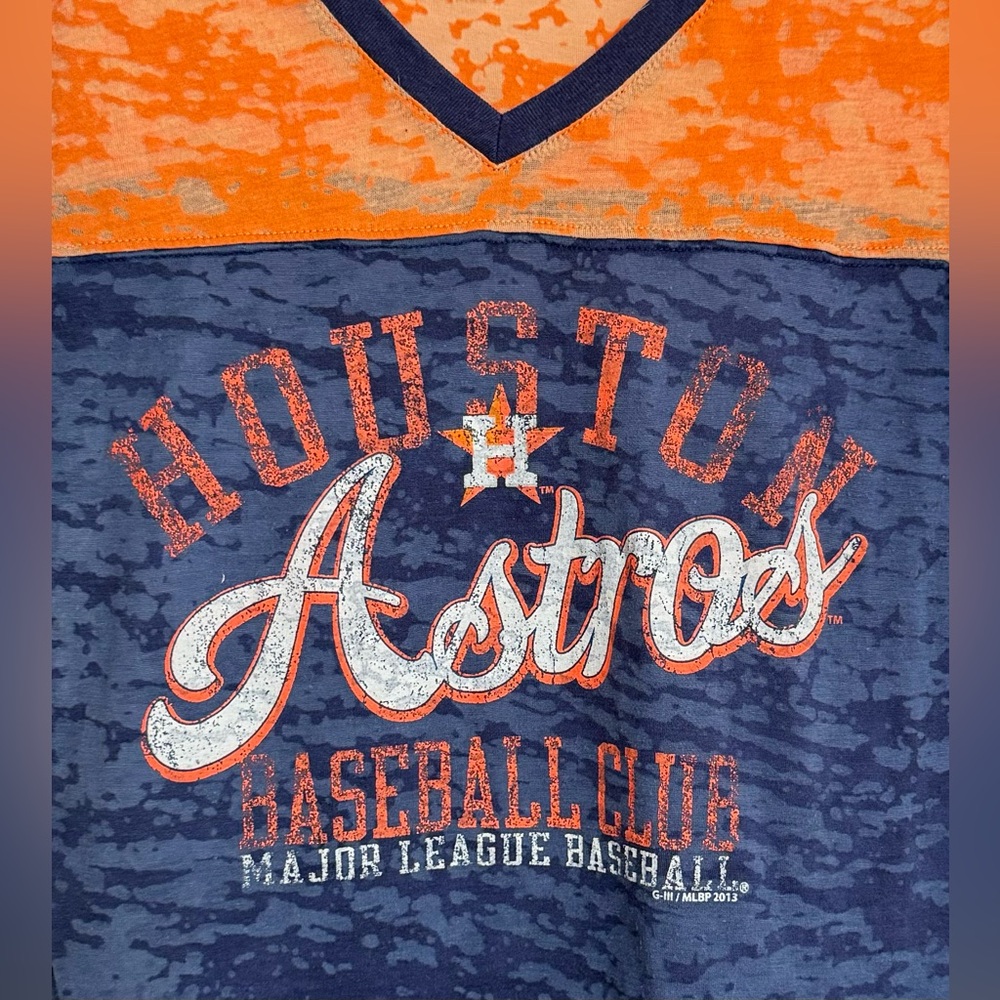 MLB G-III Apparel Group Orange & Blue Houston ASTROS Sheer V-Neck Tee in Medium